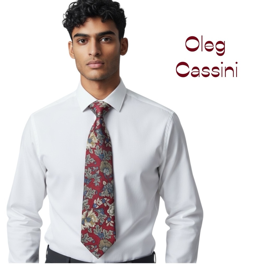 Vintage Oleg Cassini Red Silver Gold Floral Silk Necktie